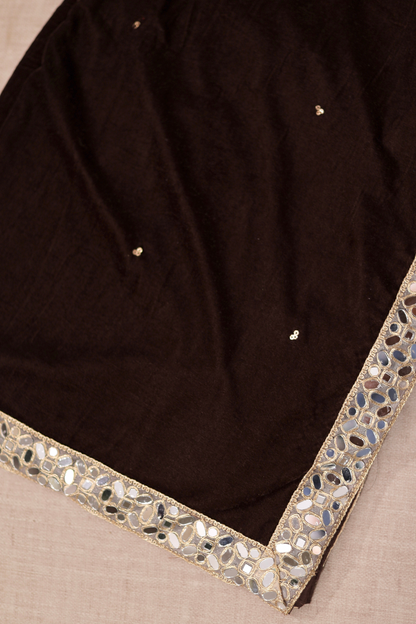 Brown Raveena Velvet Shawl by Imagine By Shiwali, shown draped with intricate velvet texture and elegant design.