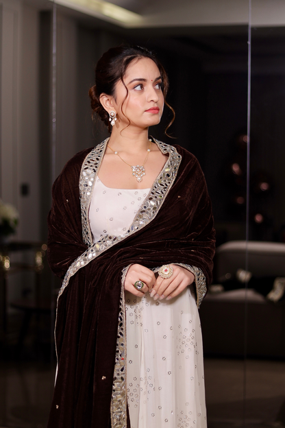 Brown Raveena Velvet Shawl by Imagine By Shiwali, showcasing soft velvet fabric and elegant drape.