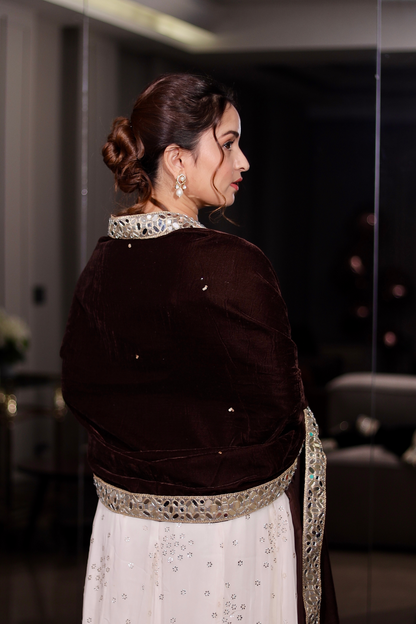 Brown Raveena Velvet Shawl by Imagine By Shiwali, featuring soft velvet fabric and intricate design details.