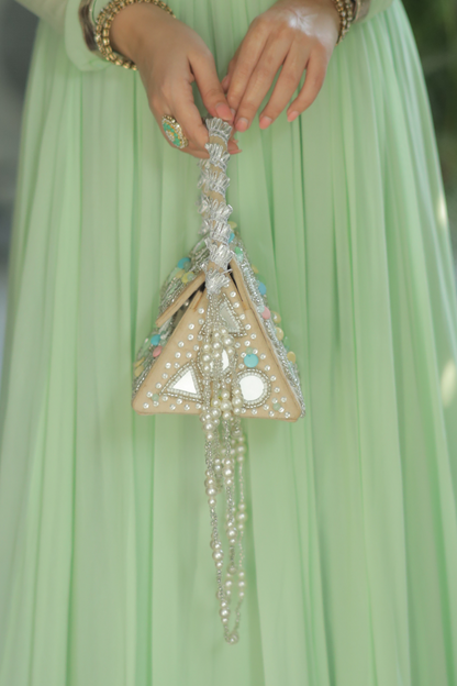 White Roma watergold color bag with intricate mirrorwork design by Imagine By Shiwali.