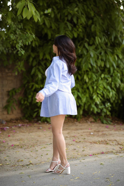 Imagine by Shiwali blue golfing shirt and skirt set, lightweight cotton, perfect for active, stylish golf outings.