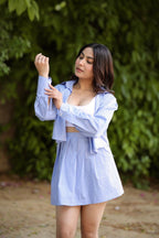 Imagine by Shiwali blue golf shirt and skirt set, lightweight cotton, stylish athletic ensemble for golf or casual wear.