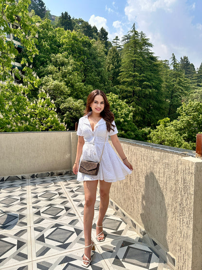 White cotton Katherine dress by Imagine By Shiwali, featuring a comfortable, stylish design with short sleeves and a relaxed fit.