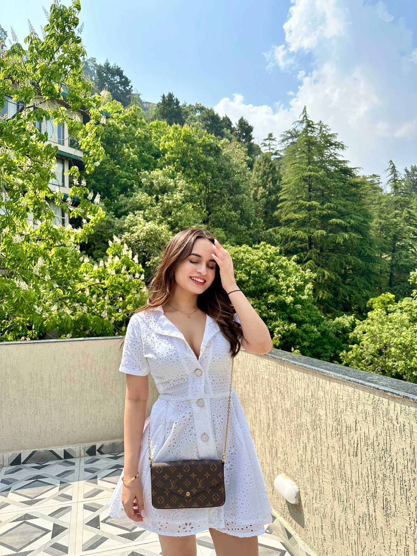 White cotton Katherine dress by Imagine By Shiwali, featuring a comfortable, flowing design with a round neckline and short sleeves.