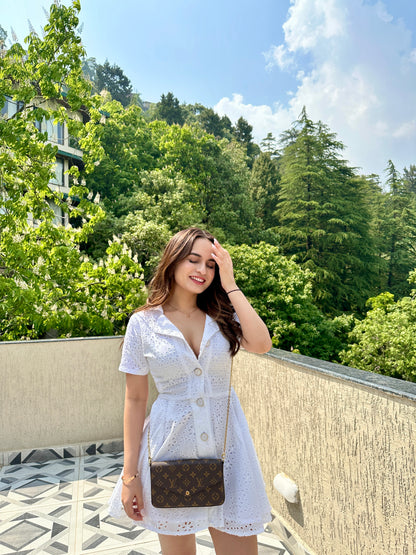 White cotton Katherine dress by Imagine By Shiwali, featuring a comfortable, flowing design with a round neckline and short sleeves.