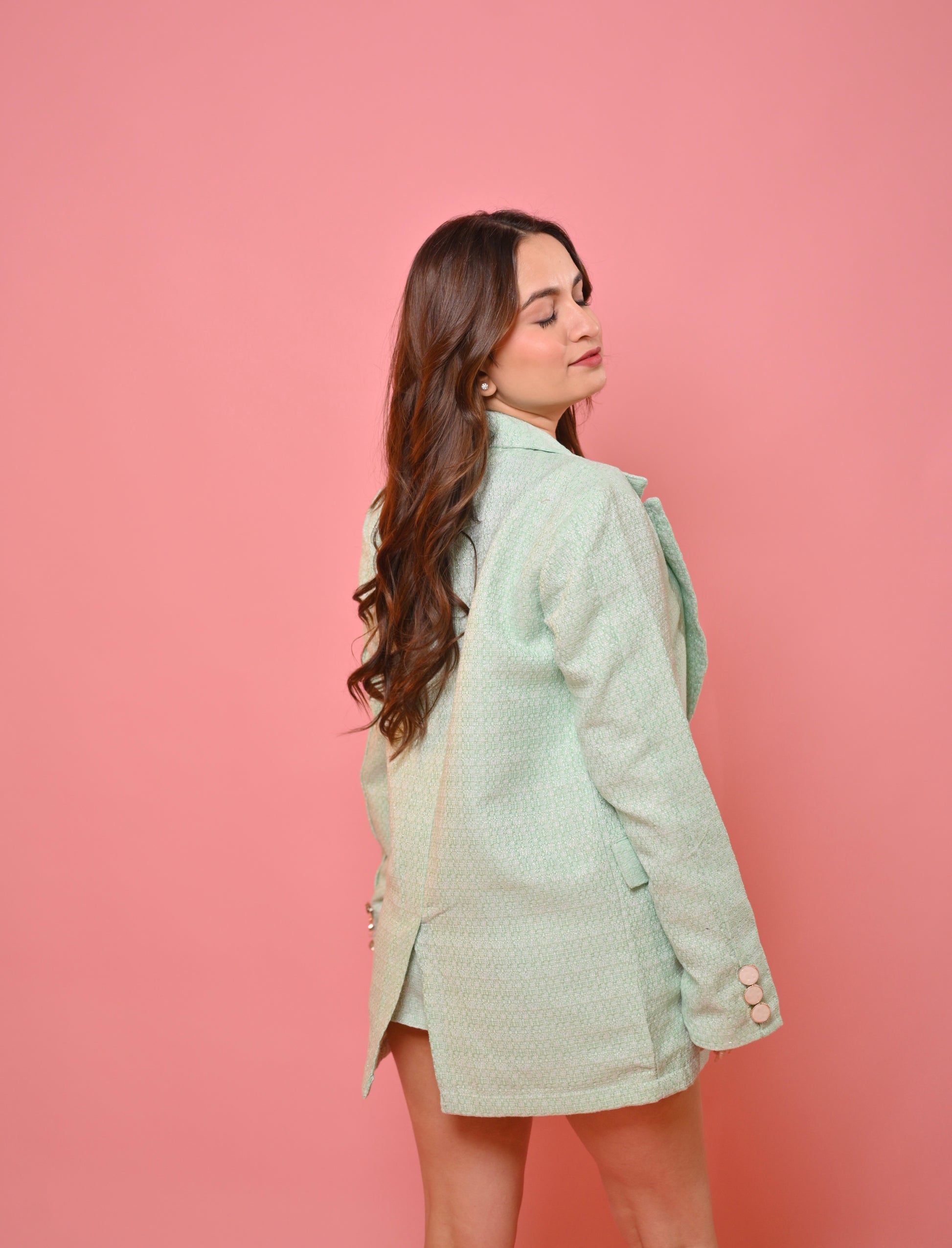 Mint green tweed blazer and skirt set by Imagine By Shiwali, featuring a stylish tailored jacket and matching skirt.