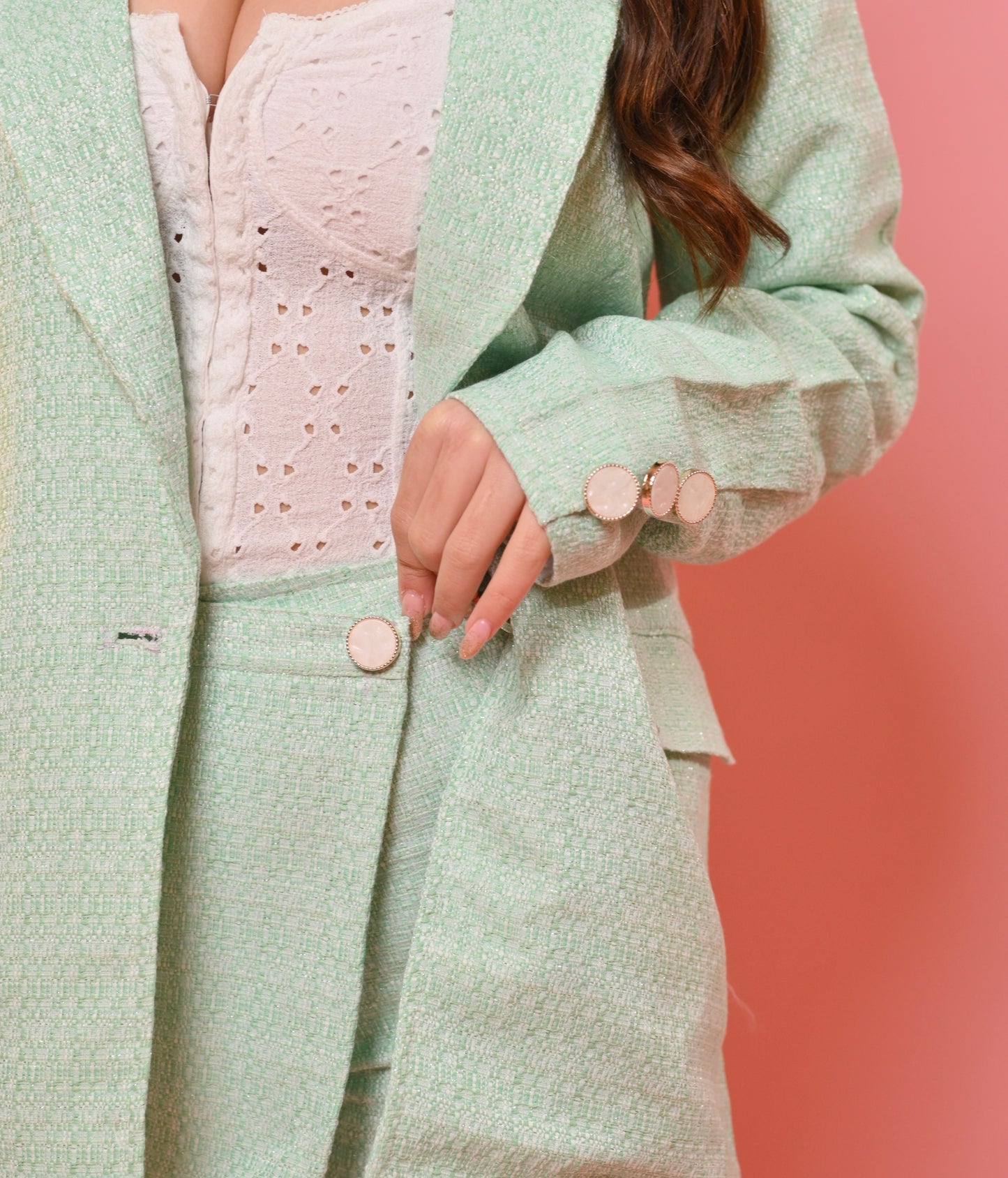Mint green tweed blazer and skirt set by Imagine by Shiwali, featuring a tailored fit and classic design with lycra lining.