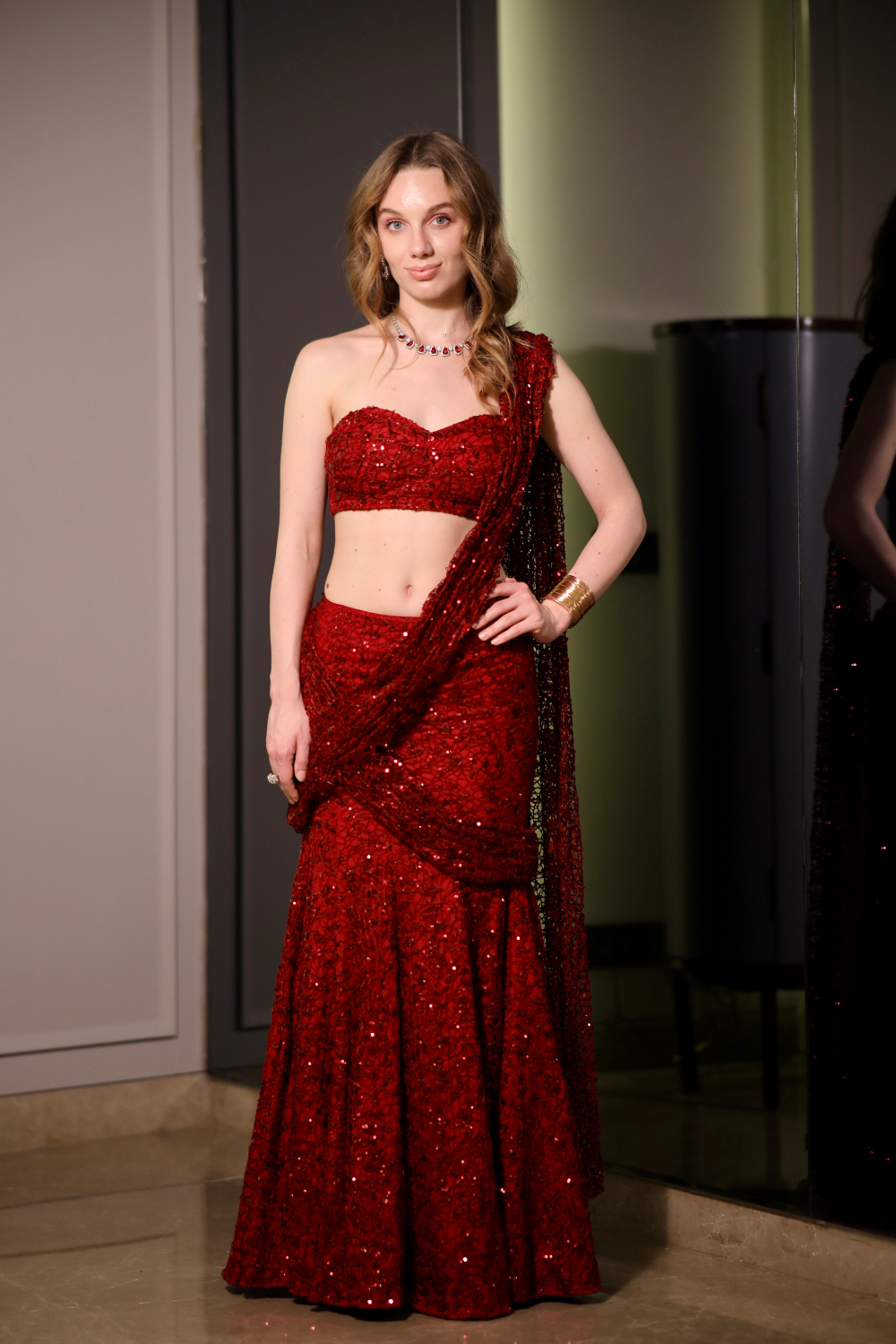 Maroon BEBO pre-draped saree by Imagine By Shiwali showcasing elegant fabric and traditional draping style.