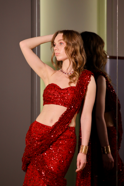 Maroon BEBO Pre Draped Saree by Imagine By Shiwali, featuring elegant draping and traditional design details.