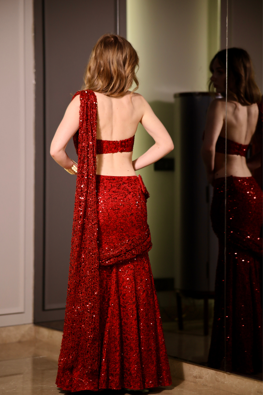 Maroon BEBO pre-draped saree by Imagine By Shiwali featuring elegant drape and traditional design.