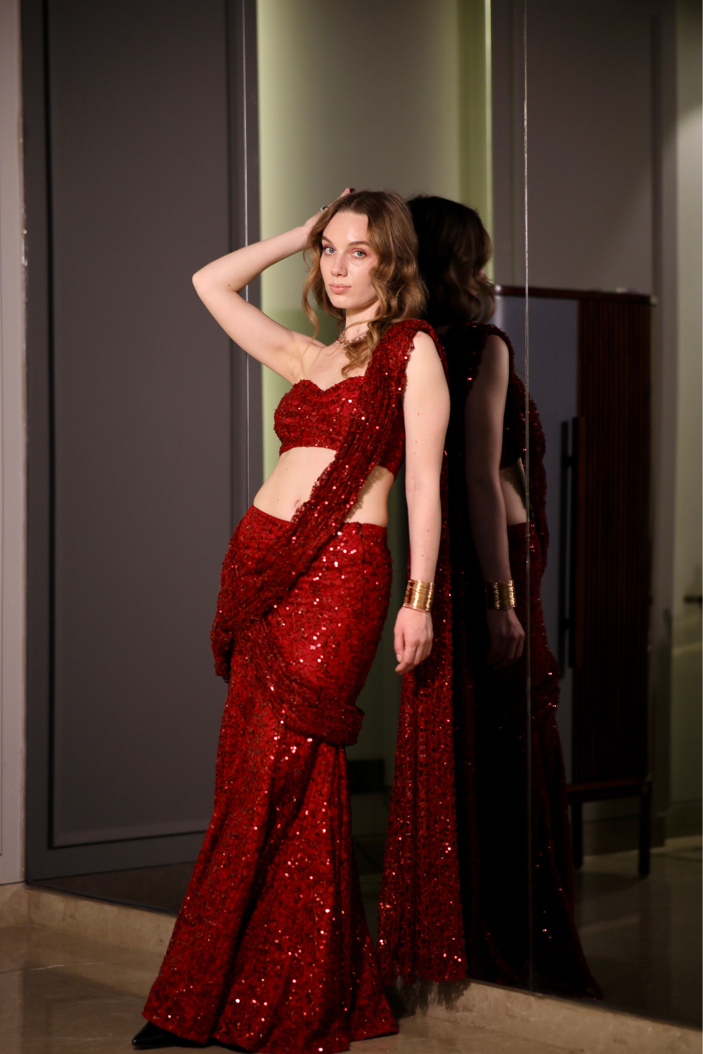 Maroon BEBO pre-draped saree by Imagine By Shiwali featuring elegant fabric and traditional draping style.