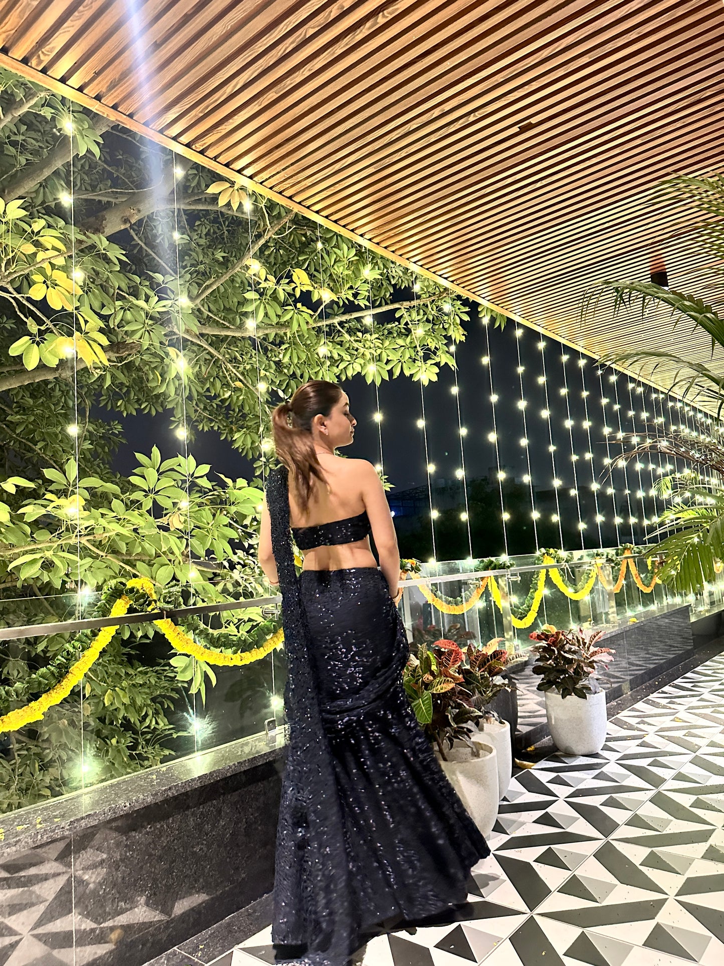 Navy blue BEBO pre-draped saree by Imagine By Shiwali, showcasing elegant fabric and traditional drape style.