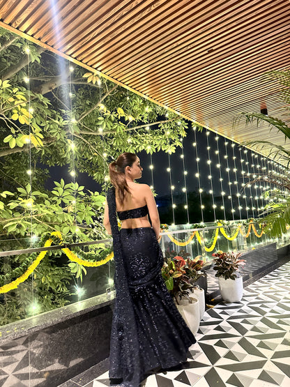 Navy blue BEBO pre-draped saree by Imagine By Shiwali, showcasing elegant fabric and traditional drape style.