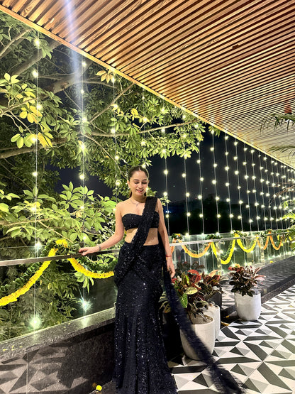 Navy blue BEBO pre-draped saree by Imagine By Shiwali, featuring elegant fabric and traditional draping style.