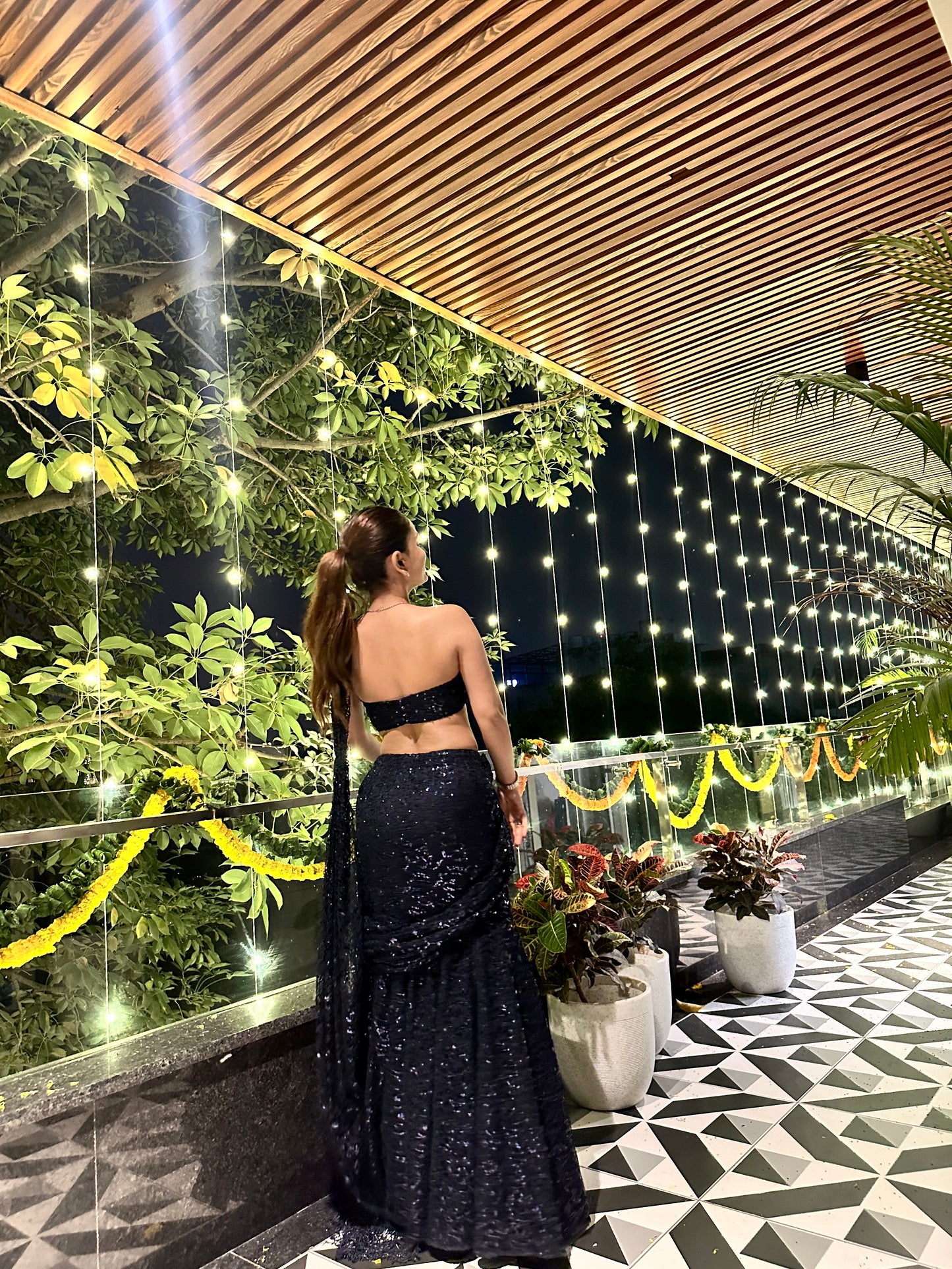 Navy blue BEBO pre-draped saree by Imagine By Shiwali, featuring elegant fabric and traditional draping style.