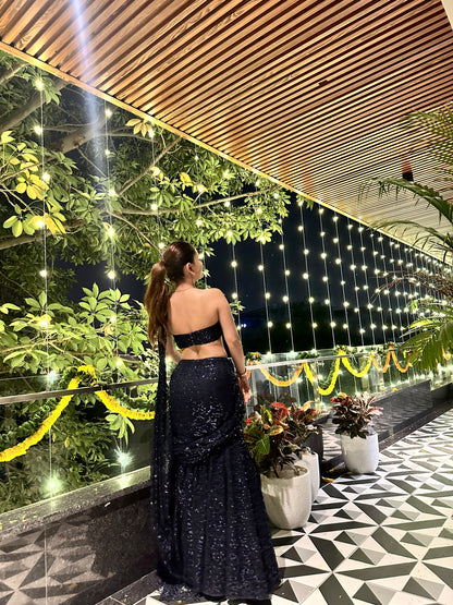 Navy blue BEBO pre-draped saree by Imagine By Shiwali, featuring elegant fabric and traditional draping style.