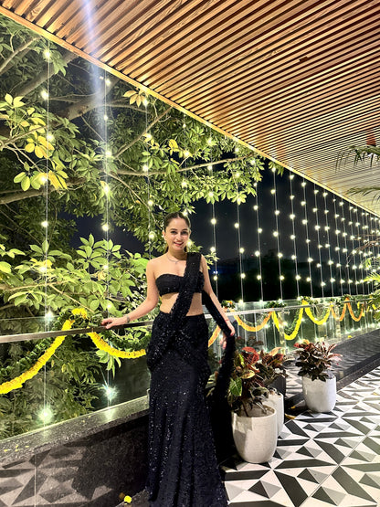 Navy blue BEBO Pre Draped Saree by Imagine By Shiwali displayed on a mannequin, showcasing its elegant draped design.
