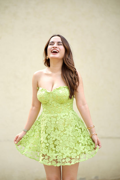 Imagine By Shiwali Bella 2.0 green short dress, lightweight fabric, sleeveless design, perfect for casual or semi-formal occasions.