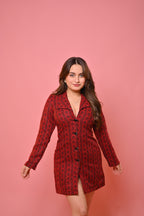 Red tweed blazer dress by Imagine By Shiwali, tailored fit with classic collar and long sleeves, styled for a chic look.