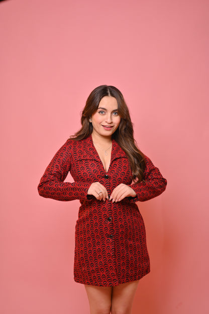 Red tweed blazer dress by Imagine By Shiwali, featuring a tailored fit with classic lapels and stylish design details.