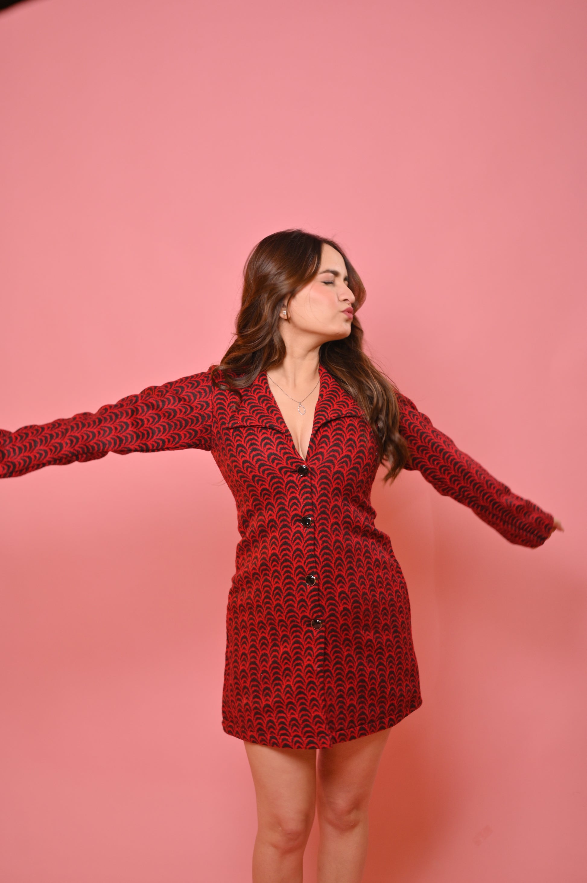 Red tweed blazer dress by Imagine By Shiwali, featuring a fitted silhouette and classic lapel collar.