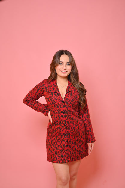 Red tweed blazer dress by Imagine By Shiwali, featuring a tailored fit and classic design, shown on a model.