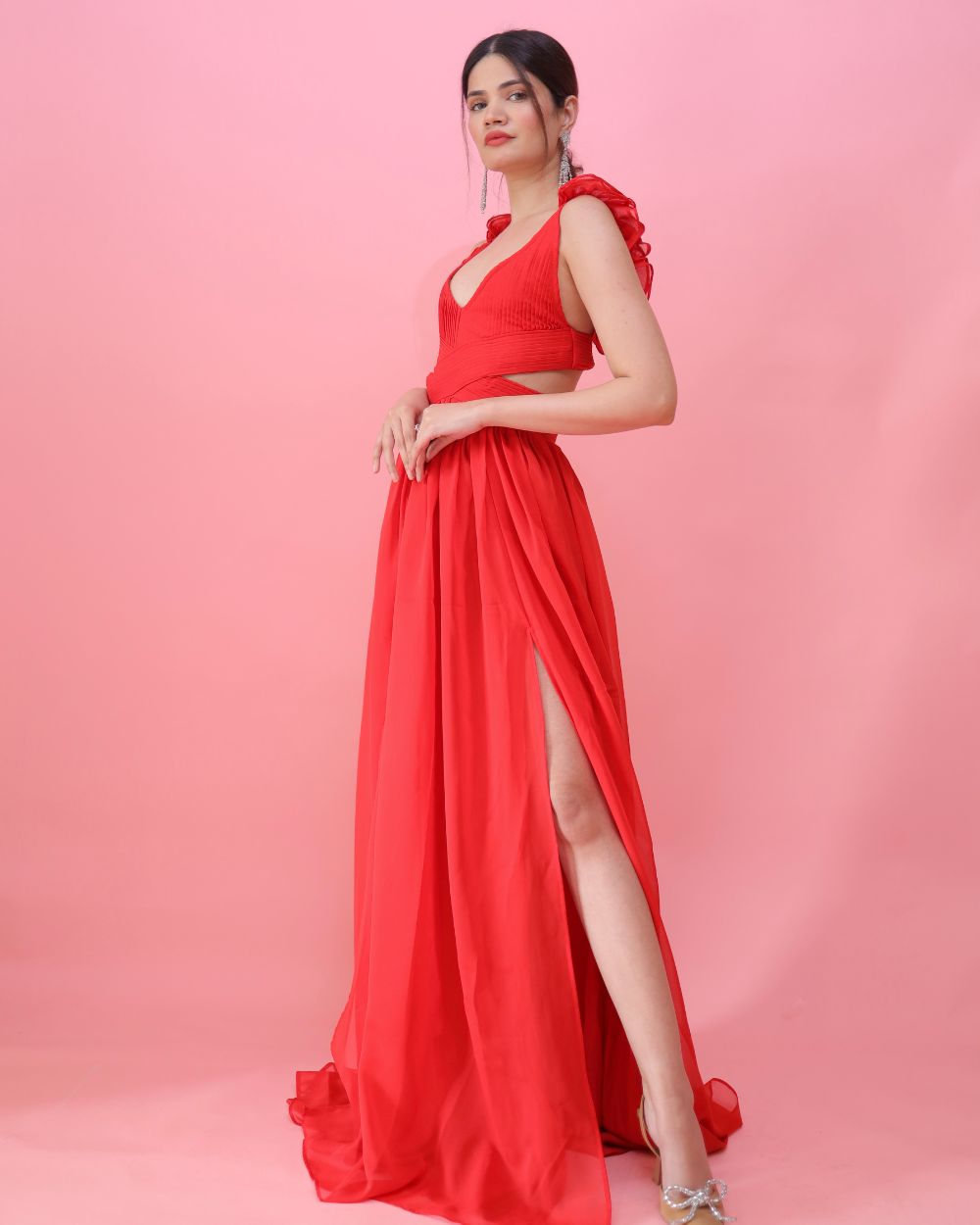 Imagine By Shiwali ruffle shoulder dress in light fabric with ruffled sleeves and a fitted waist, perfect for casual or dressy occasions.