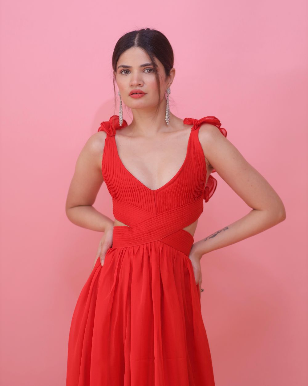 Imagine by Shiwali ruffle shoulder dress in light fabric with ruffled sleeves and a fitted waist, perfect for elegant occasions.