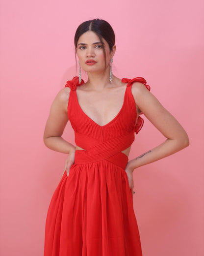 Imagine by Shiwali ruffle shoulder dress in light fabric with ruffled sleeves and a fitted waist, perfect for elegant occasions.
