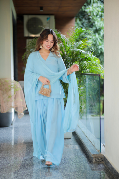 Blue short kurti and matching salwar set by Imagine By Shiwali, stylish traditional Indian wear for women.