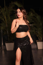 Victoria Black Sequins Co-ord Set with Slit Skirt by Imagine by Shiwali, featuring shiny sequins and satin lining.