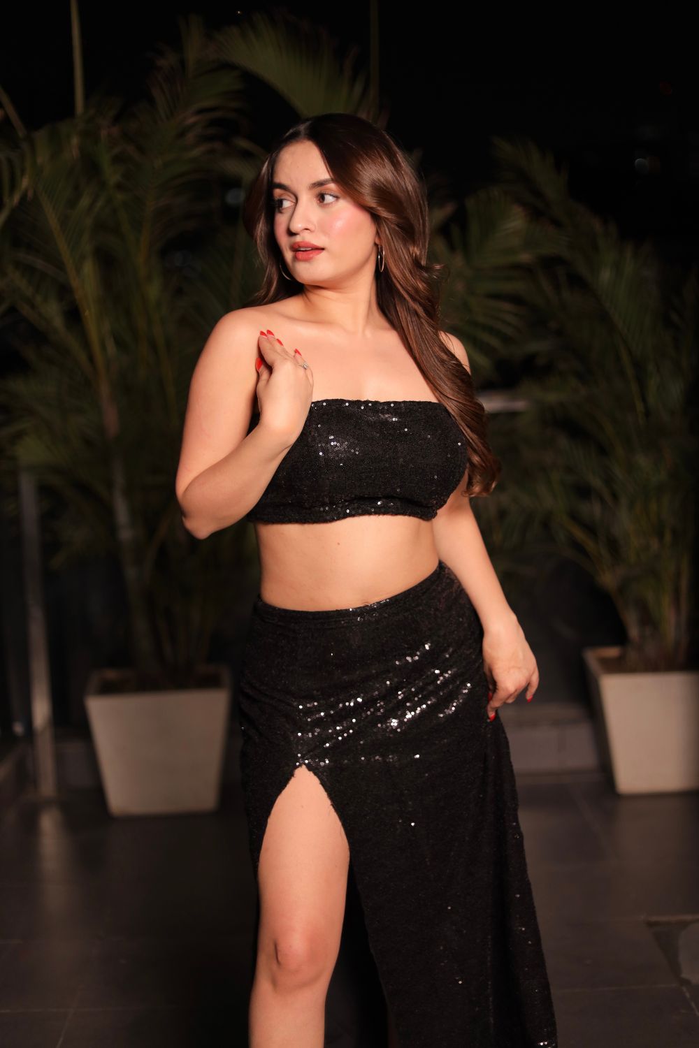 Victoria Black Sequins Co-ord Set with Slit Skirt by Imagine by Shiwali, featuring shiny sequins and satin lining.