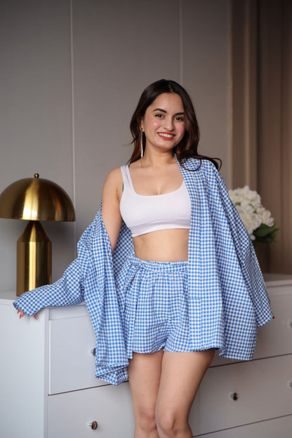 Imagine By Shiwali Lily Blue cotton co-ord set with matching shorts, lightweight and comfortable summer outfit for women.