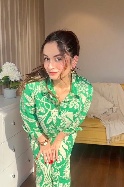 Green Judy printed cotton co-ord set by Imagine By Shiwali with top and bottom pieces, lightweight and comfortable for casual wear.