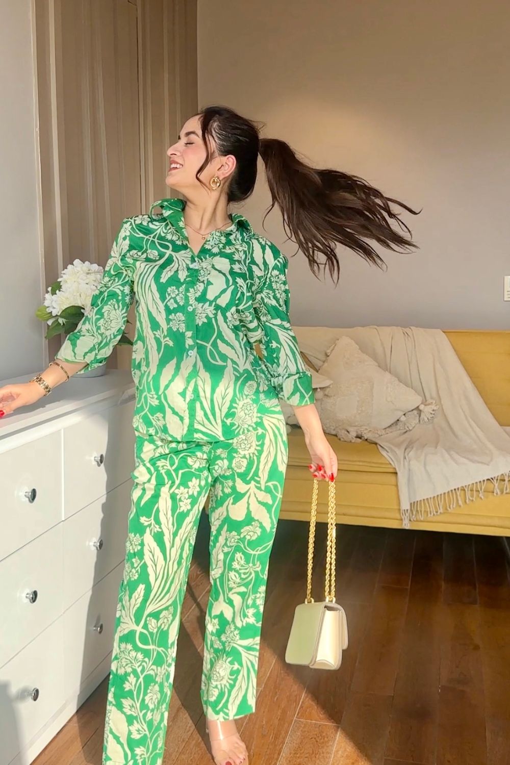 Green Judy printed cotton co-ord set by Imagine By Shiwali, featuring a matching top and bottom in lightweight fabric.