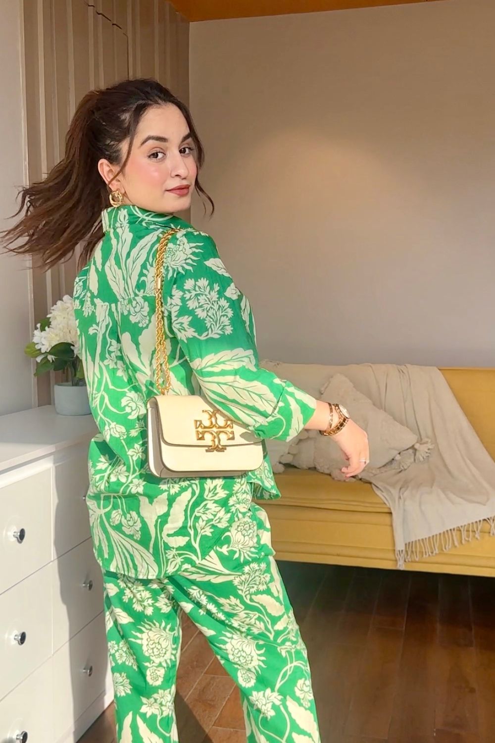 Green Judy printed cotton co-ord set by Imagine By Shiwali featuring a matching top and pants with vibrant floral patterns.