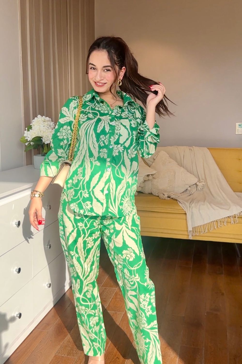 Imagine by Shiwali Judy printed cotton co-ord set in green, featuring a stylish top and matching pants.