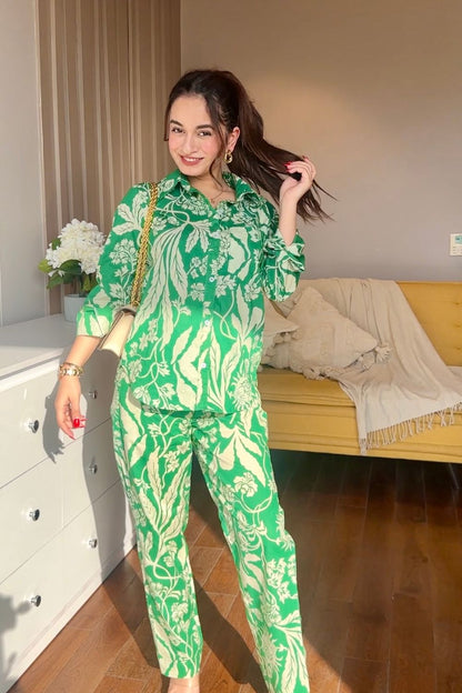 Imagine by Shiwali Judy printed cotton co-ord set in green, featuring a stylish top and matching pants.