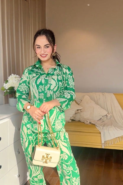 Green Judy printed cotton co-ord set by Imagine By Shiwali, featuring a stylish top and matching bottoms in soft cotton fabric.