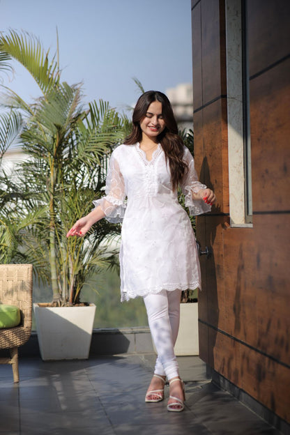 White cotton organza Kurti by Imagine By Shiwali, featuring a lightweight, elegant design with intricate details.