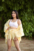 Imagine by Shiwali Lily Yellow co-ord set with shorts, 100% cotton, bright yellow matching two-piece outfit for women.
