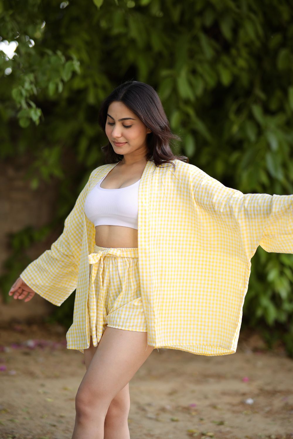 Imagine by Shiwali yellow Lily co-ord set with matching shorts, made of 100% cotton, shown in a bright yellow color.