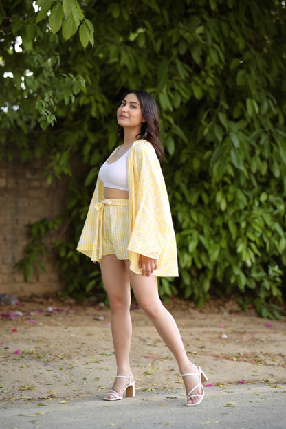 Yellow Lily Co-ord Set with Shorts by Imagine By Shiwali, featuring a casual, cotton short set with a vibrant yellow color and stylish design.