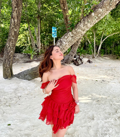 Imagine By Shiwali Casey Red Dress, front view showing sleeveless design and knee-length cut, vibrant red fabric and fitted silhouette