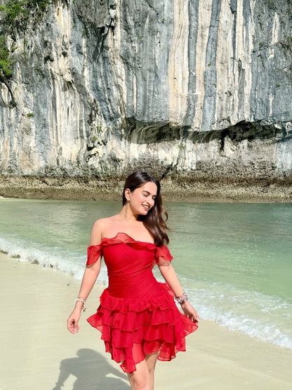 Imagine By Shiwali Casey Red Dress in XXS size, showcasing a stylish, vibrant red dress with a fitted silhouette and elegant design