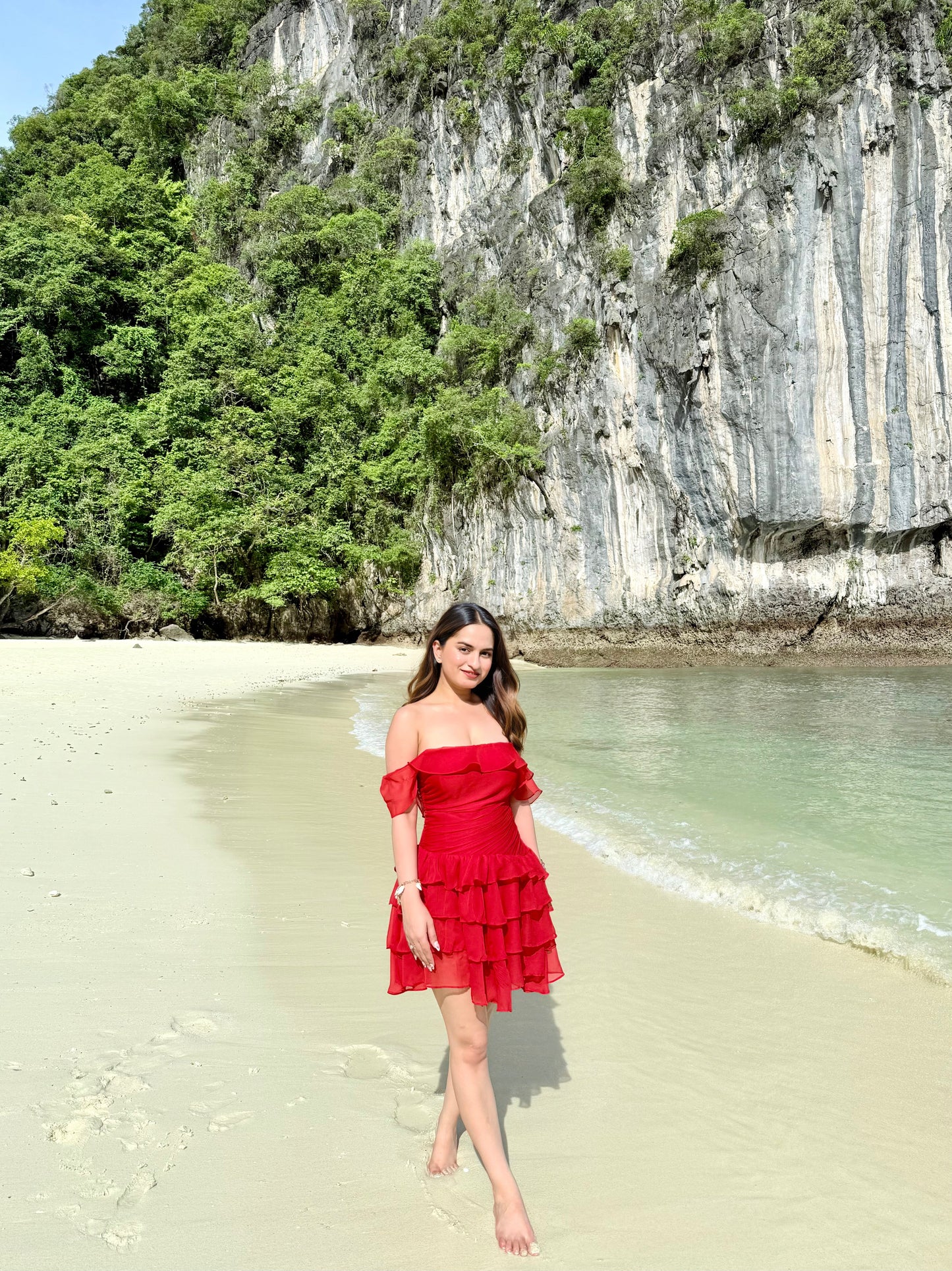 Imagine by Shiwali Casey red dress shown on a model, featuring a fitted silhouette and stylish design for casual or formal wear.