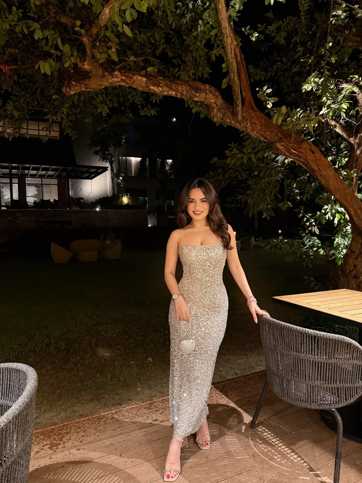 Silver Celine gown by Imagine By Shiwali, elegant floor-length dress with intricate detailing and a flowing silhouette.