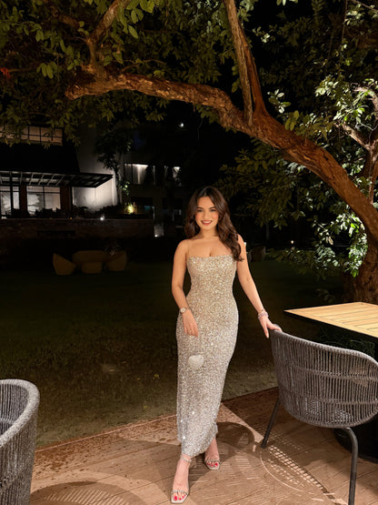 Silver Celine gown by Imagine By Shiwali, elegant floor-length dress with intricate detailing and a flowing silhouette.