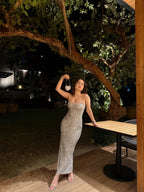 Imagine By Shiwali silver Celine gown in XXS size, flowing fabric with elegant draping and intricate detailing.