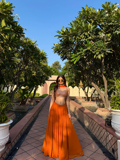 Imagine by Shiwali Chameli Orange Lehnga with intricate embroidery and traditional design, displayed on a flat surface.